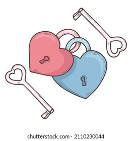 Two Hearts locked together, and two keys. Doodle sketch isolated on white. Love, Romantic and Valentine’s Day concept. Designs for greeting cards, print, web, wrapping paper or fabric template