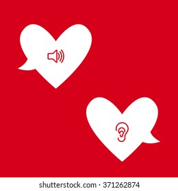 Two hearts love balloons with speaker and ear icon inside, kind conversation, kind love words, valentines day