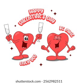 two hearts in love, happy valentine's day card, cartoon hearts characters in love