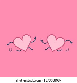 Two hearts in love running together. Vector concept illustration of mind and feelings cooperation and teamwork | flat design linear infographic icon on pink background