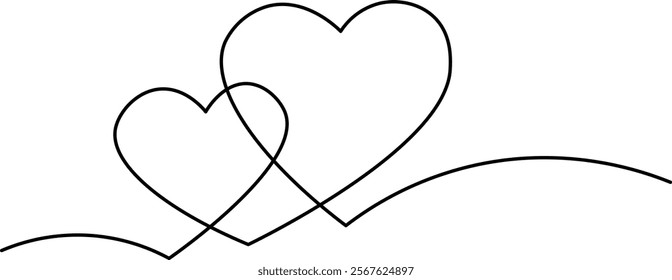 Two hearts and love sign in continuous one line drawing. Love symbol on transparent background. Banner for valentine's day. Abstract hearts. Editable stroke, hand drawn sketch minimalism illustration