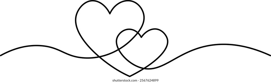 Two hearts and love sign in continuous one line drawing. Love symbol on transparent background. Banner for valentine's day. Abstract hearts. Editable stroke, hand drawn sketch minimalism illustration