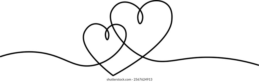 Two hearts and love sign in continuous one line drawing. Love symbol on transparent background. Banner for valentine's day. Abstract hearts. Editable stroke, hand drawn sketch minimalism illustration