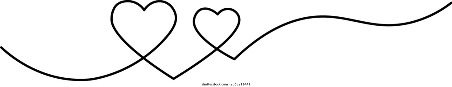 Two hearts and love sign in continuous one line drawing. Love symbol on transparent background. Banner for valentine's day. Abstract hearts. Editable stroke, hand drawn sketch minimalism illustration