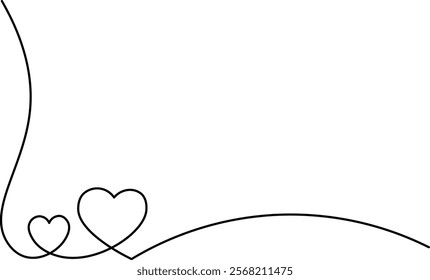 Two hearts and love sign in continuous one line drawing. Love symbol on transparent background. Banner for valentine's day. Abstract hearts. Editable stroke, hand drawn sketch minimalism illustration