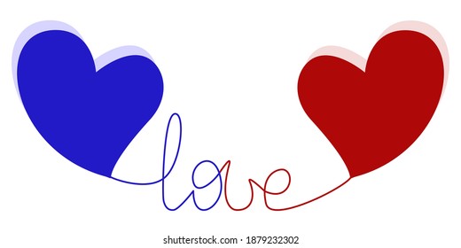 Two hearts in love. Word Jove between red and blue hearts. Vector illustration. Retro style