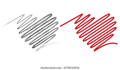 Two hearts made of doodles. Grey and red scribble hearts art. Flat vector illustration isolated on white background.