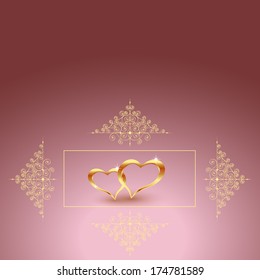 Two hearts made of gold and space for text. Vector illustration.