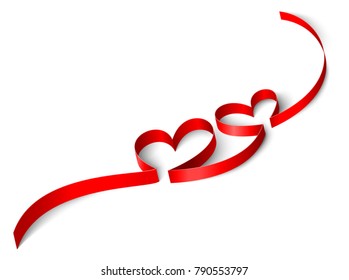 Two hearts made of red ribbon. Valentine's Day symbol of love. Decorative vector element isolated on white background