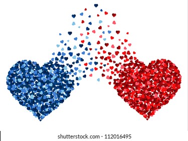 Two hearts made of small hearts mixing with each other