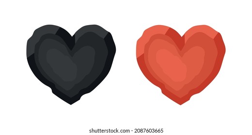 Dos corazones de piedra, negro y rojo. Vector.