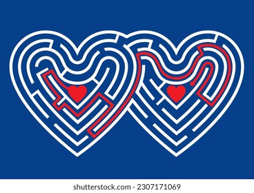 Two hearts maze, the search for love.
The labyrinth in the shape of two linked hearts on blue background. Vector available.
