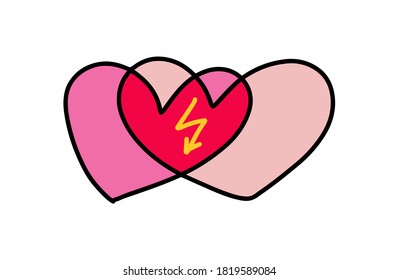Two hearts merger hand drawn vector illustration in cartoon doodle style relations between lightning