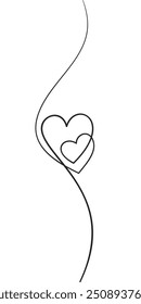 Two hearts in the middle of a vertical wavy line, Drawing with one black line on a white background