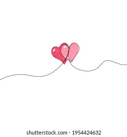 Dos corazones de estilo continuo minimalista, símbolo de amor dibujado a mano con un trazo editable aislado en fondo blanco. Ilustración vectorial.