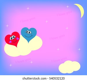 Two hearts on clouds near the moon