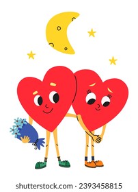 Dos corazones en fecha. Personajes pequeños al estilo de las caricaturas.