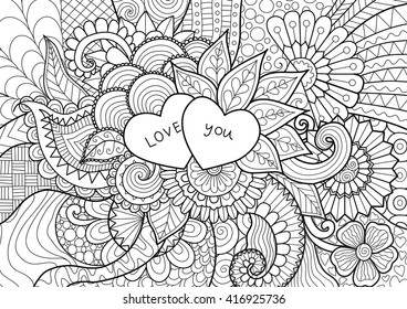 Two Hearts on flowers for coloring books for adult or valentines card