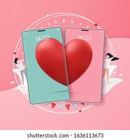 Two hearts on mobile phone combined into one on pink background.  Vector illustration. design for Valentine's day festival.