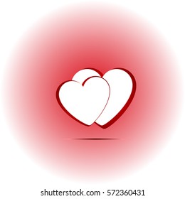 Two hearts on a pink background for Valentine's Day. White heart with red stroke. Vector illustration.