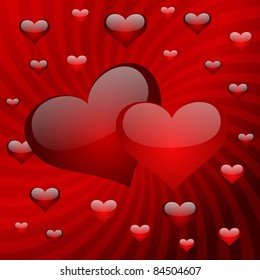 Two hearts on a red striped background. Vector illustration.