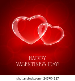 Two hearts on red Valentines background, illustration. 