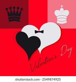 Two hearts on a scarlet background with chess pieces. A black and white expression of the concept of love. Vector illustration for Valentine's Day for invitations, posters, banners.