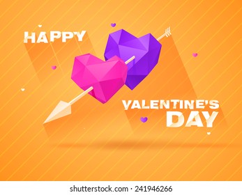 Two hearts on yellow backdrop with long shadow and arrow. Vector Illustration. Abstract polygonal heart. Love symbol. Lights and pink sparkles. Low-poly colorful style. Romantic background . Eps 10