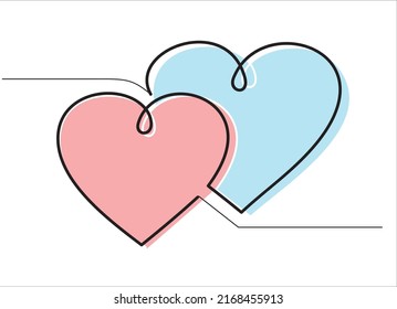 Two hearts from one black line. Picture for decoration of festive illustrations for the holiday of all lovers.
