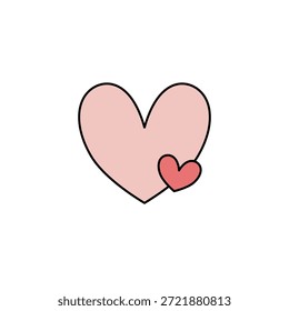 Two hearts, one larger light pink, one smaller darker pink, isolated on white. Simple, clean illustration. Symbol of love, affection, relationship, and connection. Minimalist design.