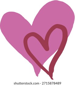 Dos corazones, uno Grande en rosa suave, el otro Pequeño en rojo intenso, superpuestos. Estilo simple, dibujado a mano. Símbolo de amor, afecto y conexión. Aislado en blanco.