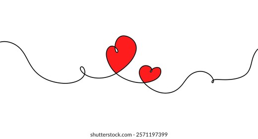 Two hearts, One line art. Love heart line drawing. Valentine's Day,  Love, template, greeting cards and invitations. Vector illustration.
