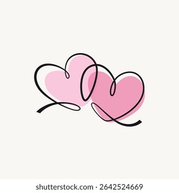 Dois Corações um desenho de linha. Ilustração de linha única de Two Hearts. Dois corações arte de linha minimalista. Dois corações arte vetorial