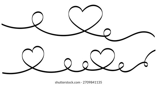 Dos corazones, un dibujo de línea, una línea continua, línea continua en forma de corazón romántico.  Dibujado a mano línea de corazón. ilustrador de Vector.
