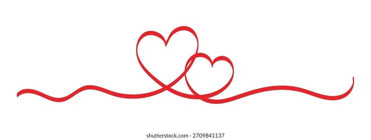 Dos corazones, un dibujo de línea, una línea continua, línea continua en forma de corazón romántico.  Dibujado a mano línea de corazón. ilustrador de Vector.