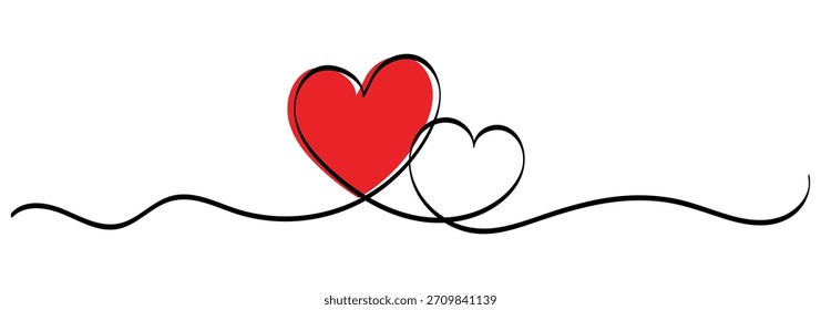 Dos corazones, un dibujo de línea, una línea continua, línea continua en forma de corazón romántico.  Dibujado a mano línea de corazón. ilustrador de Vector.