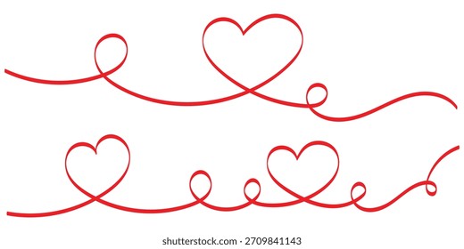 Dos corazones, un dibujo de línea, una línea continua, línea continua en forma de corazón romántico.  Dibujado a mano línea de corazón. ilustrador de Vector.