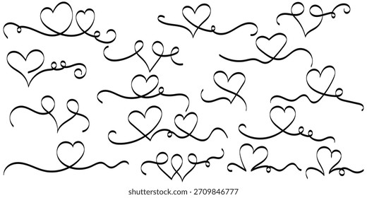 Dos corazones un dibujo de línea, continuo una línea corazón dibujo conjunto. Ilustración vectorial.
