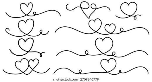Dos corazones un dibujo de línea, continuo una línea corazón dibujo conjunto. Ilustración vectorial.