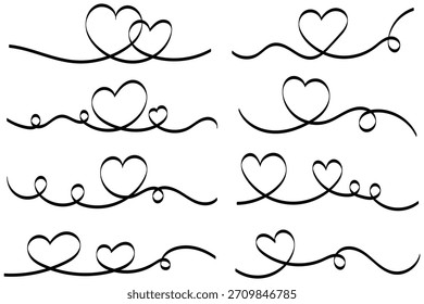 Dos corazones un dibujo de línea, continuo una línea corazón dibujo conjunto. Ilustración vectorial.