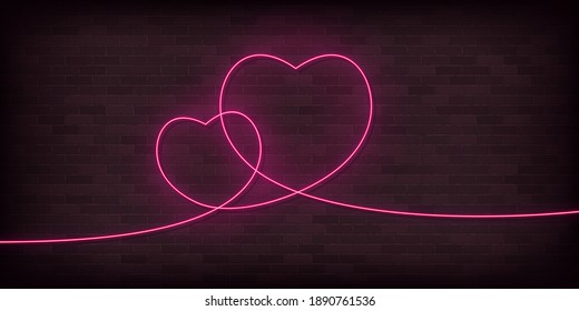 Two hearts one line neon vector icon. One line art, illustration.