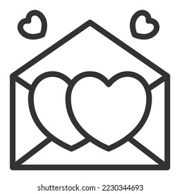 Two hearts and an open mail envelope - icon, illustration on white background, outline style