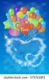 two hearts out of the clouds on a lot of balloons. illustration. against the sky. used for printing, website, smart phone, tablet computer, decoration, design, etc.