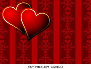 Two hearts over red decorative vintage wallpaper