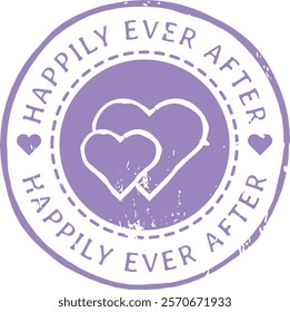 Two hearts overlapping inside a lavender round stamp with the words happily ever after written on it, celebrating love, marriage, wedding, valentine s day or anniversary