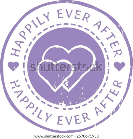 Two hearts overlapping inside a lavender round stamp with the words happily ever after written on it, celebrating love, marriage, wedding, valentine s day or anniversary