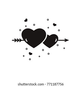 Two hearts pierced with arrow - black silhouette. Symbol of love, passion, intimacy and relationships. Graphic or ui element, sign, symbol for Valentine's Day, marriage celebration, dating apps. 