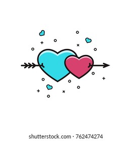 Two hearts pierced with arrow - flat line icon. Symbol of love, passion, intimacy and relationships. Graphic or web element for Valentine's Day celebration, wedding, engagement, dating services. 