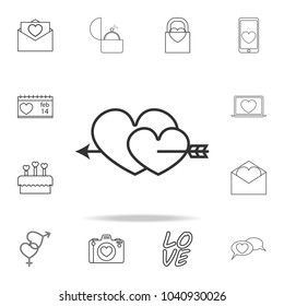 two hearts pierced with an arrow icon. Set of Love element icons. Premium quality graphic design. Signs, outline symbols collection icon for websites, web design, mobile app on white background