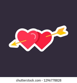 Two hearts pierced with arrow sticker. Symbol of love, passion, intimacy and relationships icon. Graphic or web element for Valentine s Day celebration, wedding, engagement, dating services.